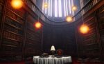  book book_stack bookshelf chair game_cg glowing indoors justinas_vitkus lamp landscape lantern library no_humans official_art railing sunlight table third-party_source touhou touhou_cannonball window 