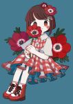  1girl blue_background blush_stickers brown_eyes brown_hair cross-laced_footwear dress flower flower_request hair_flower hair_ornament highres holding holding_flower original pink_nails red_dress red_footwear saiudrop short_hair smile solo 