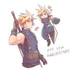  1boy armor asymmetrical_arms belt belt_buckle blonde_hair blue_eyes buckle chibi chibi_inset cloud_strife final_fantasy final_fantasy_vii gloves hand_on_weapon jumping low_poly male_focus multiple_belts pauldrons puffy_pants short_hair shoulder_armor single_pauldron sleeveless sleeveless_turtleneck solo spiky_hair standing suspenders sword sword_on_back tasituma2 turtleneck weapon weapon_on_back white_background 