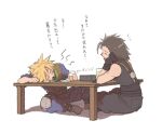  2boys alcohol belt black_gloves black_hair black_pants blonde_hair blue_pants blue_shirt cloud_strife crisis_core_final_fantasy_vii crossed_legs final_fantasy final_fantasy_vii gloves green_scarf hand_on_own_cheek hand_on_own_face head_on_table knee_pads leaning leaning_on_object male_focus multiple_boys on_floor pants scarf shirt short_hair sitting sleeveless sleeveless_turtleneck socks spiky_hair suspenders table tasituma2 teardrop turtleneck wooden_table zack_fair 