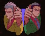  2boys black_eyes black_hair blue_necktie cigarette closed_mouth collared_shirt commentary_request cropped_torso gin_to_kin green_jacket grey_hair hair_slicked_back highres hirai_ginji holding holding_cigarette inudori jacket looking_at_viewer male_focus morita_tetsuo multiple_boys necktie old old_man red_shirt shirt short_hair smile suit upper_body v-shaped_eyebrows yellow_jacket 