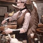  1boy animal animal_on_arm artist_name bird bird_boy bird_on_arm bird_wings bishounen brown_background brown_eyes brown_hair brown_necktie brown_sweater brown_theme brown_vest brown_wings cafe cockatiel coffee coffee_beans coffee_cup coffee_maker_(object) collared_shirt colored_eyelashes cup disposable_cup drink duck electric_kettle feathered_wings hands_up highres holding holding_drink indoors kettle long_sleeves looking_at_animal male_focus menu_board mug multicolored_hair necktie note open_mouth original osprey_0725 parrot pouring shirt signature smile solo standing streaked_hair sweater teacup turtleneck turtleneck_sweater upper_body vest white_shirt wings 