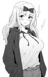  1girl absurdres alternate_costume blush bow breasts commentary_request fujiwara_chika greyscale hair_bow highres jacket kaguya-sama_wa_kokurasetai_~tensai-tachi_no_renai_zunousen~ large_breasts long_hair looking_at_viewer monochrome open_clothes open_jacket open_mouth ossou_rocket pants revision shirt smile solo 