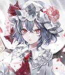  1girl absurdres ascot bat_wings brooch collared_shirt frilled_shirt_collar frills grey_hair hair_between_eyes hanaya_(fleur) hat highres jewelry mob_cap open_mouth red_ascot red_eyes remilia_scarlet shirt short_hair solo touhou upper_body white_headwear white_shirt wings 