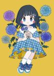  1girl black_hair blue_bow blue_dress blue_eyes blue_footwear blue_hair blush_stickers bow colored_inner_hair dress flower footwear_bow frown highres holding holding_flower medium_hair multicolored_hair original polka_dot polka_dot_dress saiudrop socks solo white_socks yellow_background 