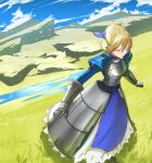  1girl absurdres ahoge armor armored_dress artoria_pendragon_(fate) bird black_corset blonde_hair blue_dress blue_ribbon blue_sky braid braided_bun breastplate clenched_hand closed_eyes clouds corset dress fate/grand_order fate/stay_night fate_(series) faulds field flower gauntlets gold_trim grass hair_bun hair_ribbon highres juliet_sleeves long_sleeves outdoors outstretched_arms parted_lips petticoat pond puffy_sleeves ribbon rock saber scratches sky solo standing sunlight water white_bird white_flower zuraa_(naunau_seijin) 