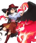  1girl black_hair blue_shirt boots brown_footwear brown_headwear brown_skirt cowboy_hat feathered_wings hat horse_tail kaigen_1025 knee_boots kurokoma_saki long_hair open_mouth pegasus_wings red_eyes shirt short_sleeves simple_background skirt smile solo tail touhou white_background wings wolf_spirit_(touhou) 