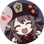  1girl boo_tao_(genshin_impact) brown_coat brown_hair brown_headwear coat flower genshin_impact ghost hair_flaps hands_up hat hat_flower hu_tao_(genshin_impact) jewelry long_hair lowres marimo_jh porkpie_hat red_flower ring round_image sidelocks solo talisman twintails very_long_hair 
