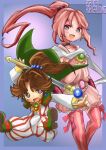  2girls aged_up black_choker brown_hair cape choker dual_persona earrings final_fantasy final_fantasy_iv highres jewelry long_hair looking_at_viewer multiple_girls open_mouth pink_hair ponytail porom puddinghomhom smile staff thigh-highs 