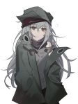  1girl absurdres brown_eyes cizzi closed_mouth g11_(girls&#039;_frontline) girls_frontline green_headwear green_jacket grey_hair grey_shirt hair_between_eyes hands_in_pockets hat highres jacket long_hair messy_hair open_clothes open_jacket purple_scarf scarf shirt simple_background sleepy solo standing tears white_background 
