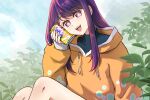  1girl can commentary_request happy highres hood hoodie hoshino_ai_(oshi_no_ko) looking_at_viewer nicha60606 open_mouth oshi_no_ko plant purple_hair sky star-shaped_pupils star_(symbol) symbol-shaped_pupils turtleneck violet_eyes 