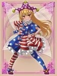  1girl alternate_costume american_flag_dress aoiueo12 blonde_hair clownpiece dress fairy_wings highres long_hair multicolored_clothes multicolored_dress orange_eyes pantyhose polka_dot_headwear puffy_short_sleeves puffy_sleeves short_sleeves solo star_(sky) touhou wings 