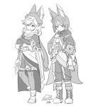  2boys ? absurdres animal_ear_fluff animal_ears asymmetrical_sleeves boots brooch cape closed_mouth cyno_(genshin_impact) fox_ears fox_tail genshin_impact greyscale highres holding_orb hood hood_down hoodie jewelry marimo_jh monochrome multicolored_hair multiple_boys mushroom pouch sash simple_background socks standing standing_on_one_leg streaked_hair tail tassel tighnari_(genshin_impact) uneven_sleeves 