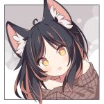  1girl ahoge animal_ear_fluff animal_ears black_hair brown_hair brown_sweater cat_ears daidai_ookami highres long_hair looking_at_viewer multicolored_hair off-shoulder_sweater off_shoulder open_mouth original portrait ribbed_sweater solo sweater yellow_eyes 