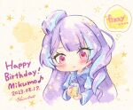  1girl :&lt; artist_name blue_bow blue_hair blue_hoodie blush bow chibi cup happy_birthday head_tilt holding holding_cup hood hood_down hoodie macross macross_delta mikumo_guynemer multicolored_hair pink_eyes purple_hair shiro_(super-altair) soda solo speech_bubble star_(symbol) streaked_hair traditional_media upper_body 