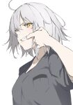  1girl ahoge alternate_costume casual fang fate/grand_order fate_(series) finger_in_own_mouth grey_hair grey_shirt hand_up highres jeanne_d&#039;arc_alter_(fate) jewelry lips looking_at_viewer looking_down ri_o_ne_su ring shirt short_hair short_sleeves simple_background sketch solo t-shirt teeth upper_body wedding_ring white_background yellow_eyes 