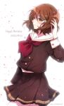  1girl adjusting_hair arm_up artist_name brown_eyes brown_hair brown_serafuku brown_shirt brown_skirt closed_mouth falling_petals flower hair_flower hair_ornament hairpin hibike!_euphonium highres kitauji_high_school_uniform medium_hair neckerchief oumae_kumiko petals pleated_skirt profile red_neckerchief sae_(renkyuuake) school_uniform serafuku shirt simple_background skirt solo white_background 