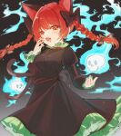  1girl absurdres animal_ears black_bow blue_fire blush bow cat_ears dark_background dress extra_ears fang fire frills ghost green_dress grey_background highres hitodama holding holding_skull juna22_a kaenbyou_rin open_mouth puffy_sleeves red_eyes redhead skull sparks teeth touhou yawning 