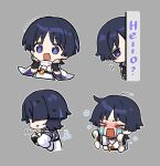  &gt;_&lt; 1boy blush chibi crying genshin_impact grey_background highres japanese_clothes kimono long_sleeves marimo_jh multiple_views open_mouth purple_hair scaramouche_(genshin_impact) scaramouche_(kabukimono)_(genshin_impact) simple_background streaming_tears tasuki tears vambraces violet_eyes white_kimono wide_sleeves 