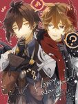  2boys aka46725 blue_eyes brown_hair eyeliner genshin_impact hand_on_own_chin happy_new_year highres makeup multiple_boys red_eyeliner red_scarf scarf smile tartaglia_(genshin_impact) zhongli_(genshin_impact) 