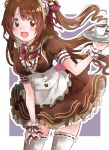  1girl :d absurdres apron arm_support blush border bow bowtie breasts brown_dress brown_eyes brown_hair coffee_cup cowboy_shot cup disposable_cup dress dress_bow frilled_dress frills grey_background hair_bow hair_ribbon hanada_(hanada0422) hand_up highres holding holding_tray idolmaster idolmaster_cinderella_girls idolmaster_cinderella_girls_starlight_stage layered_dress leaning_forward long_hair looking_at_viewer maid medium_breasts one_side_up open_mouth outside_border pink_bow pink_bowtie plate puffy_short_sleeves puffy_sleeves red_ribbon ribbon scrunchie shimamura_uzuki short_sleeves smile solo standing thigh-highs tray waist_apron white_apron white_border white_headdress white_scrunchie white_thighhighs wrist_scrunchie zettai_ryouiki 