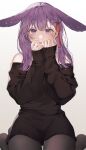  1girl :p animal_ears bare_shoulders black_pantyhose black_sweater closed_mouth commentary gradient_background hair_ribbon hands_up highres looking_at_viewer off-shoulder_sweater off_shoulder original pantyhose purple_hair rabbit_ears red_ribbon ribbon shimatori_(sanyyyy) simple_background sitting sleeves_past_wrists solo sweater symbol-only_commentary tongue tongue_out violet_eyes wariza 