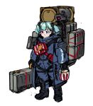  1girl absurdres backpack bag black_footwear black_gloves blue_coat blue_eyes blue_hair boots brand_name_imitation bucket_of_chicken character_name closed_mouth coat commentary cosplay death_stranding dinergate_(girls&#039;_frontline) english_commentary full_body girls_frontline gloves hair_bobbles hair_ornament heterochromia highres holding holding_suitcase kfc light_blue_hair light_blush long_sleeves m1895_cb_(girls&#039;_frontline) odradek parody pure_boy sam_porter_bridges sam_porter_bridges_(cosplay) short_hair short_twintails simple_background solo standing strap suitcase tears twintails violet_eyes white_background zipper 