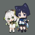  1boy 1girl animal_ears bell black_scarf black_shorts black_socks blush cat_boy cat_ears cat_tail chibi closed_mouth coat feathers genshin_impact green_eyes green_hair hand_up highres long_hair long_sleeves looking_at_viewer marimo_jh multicolored_hair nahida_(genshin_impact) scaramouche_(genshin_impact) scarf shorts side_ponytail sidelocks simple_background socks streaked_hair tail very_long_hair vision_(genshin_impact) wanderer_(genshin_impact) white_coat white_hair white_socks 