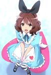  1girl alice_(alice_in_wonderland) alice_(alice_in_wonderland)_(cosplay) alice_in_wonderland apron blue_background blue_dress brown_eyes brown_hair cosplay dress gradient_background heart hibike!_euphonium highres looking_at_viewer looking_up nii_manabu oumae_kumiko short_hair smile solo white_apron 