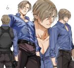  1boy back belt black_belt black_gloves black_pants blue_eyes blue_shirt brown_hair bulletproof_vest collared_shirt curtained_hair facial_hair gloves leon_s._kennedy looking_at_viewer male_focus multiple_views pants resident_evil resident_evil_6 shirt short_hair simple_background tatsumi_(psmhbpiuczn) white_background 