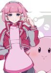  1girl absurdres blunt_bangs blush chansey dress earrings highres jacket jewelry looking_at_viewer medium_hair mollie_(pokemon) pink_dress pink_hair pink_nails piyo_to_game pokemon pokemon_(anime) pokemon_(creature) red_jacket standing violet_eyes 