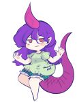  barefoot blush_stickers chahan_(fried_rice0614) clothes_writing full_body green_shirt green_shorts highres horns long_hair open_mouth purple_hair purple_horns red_eyes shirt short_sleeves shorts simple_background single_horn smile syringe tail tenkajin_chiyari test_tube touhou white_background 