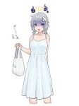  1girl arm_behind_back bag bare_shoulders blush cropped_legs crossed_bandaids dress fang grey_hair halo hand_up highres holding holding_bag long_hair looking_at_viewer open_mouth original plastic_bag simple_background sleeveless sleeveless_dress solo teshima_nari translation_request turn_pale violet_eyes white_background white_dress 