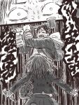  1boy 1girl axe backpack bag bandaged_arm bandages constricted_pupils handbag highres holding holding_axe holding_entrails holding_phone horror_(theme) messy_hair monochrome nervous_sweating original phone rinjiro3 scared sweat veins 