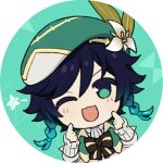  1boy :3 aqua_eyes beret black_bow black_bowtie blue_hair blush bow bowtie braid capelet flower genshin_impact green_capelet green_headwear hat hat_flower leaf long_sleeves lowres male_focus marimo_jh one_eye_closed open_mouth profile_picture round_image shirt smile solo twin_braids venti_(genshin_impact) white_flower white_shirt 