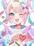  1girl ;d blonde_hair blue_bow blue_eyes blue_hair blue_nails blue_shirt blush bow chouzetsusaikawa_tenshi-chan chromatic_aberration glitch hair_bow hair_ornament heart heart_hair_ornament heart_hands highres long_hair long_sleeves looking_at_viewer multicolored_hair multicolored_nails needy_girl_overdose one_eye_closed open_mouth pink_bow pink_hair pixel_heart purple_bow quad_tails sailor_collar shiro_(dkau3374) shirt smile solo twintails upper_body white_background yellow_bow yellow_nails 