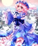  1girl :d blue_headwear blue_kimono blurry blurry_background commentary_request frilled_kimono frills hat japanese_clothes kimono long_sleeves mob_cap nagare open_mouth pink_eyes pink_hair ribbon-trimmed_sleeves ribbon_trim saigyouji_yuyuko sash short_hair smile solo touhou triangular_headpiece wide_sleeves 