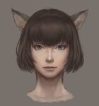  1girl animal_ears artist_name avatar_(ff11) blue_eyes brown_hair cactus41747280 cat_ears cat_girl closed_mouth eyelashes final_fantasy final_fantasy_xi gradient_background highres looking_at_viewer mithra_(ff11) nose pink_lips portrait short_hair solo 