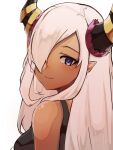  bare_shoulders blush closed_mouth dark-skinned_female dark_skin fire_emblem fire_emblem_engage hair_over_one_eye highres horns long_hair looking_at_viewer novembertimex pointy_ears smile solo violet_eyes white_background white_hair zelestia_(fire_emblem) 