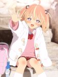  +_+ 1girl 3d ahoge arm_at_side artist_request bag bag_charm blender_(medium) blonde_hair blurry blurry_background blush bow bowtie bright_pupils carrot charm_(object) collared_shirt commentary_request cowboy_shot day dot_nose flower hair_flower hair_ornament highres hood hoodie kneehighs long_sleeves looking_at_viewer medium_hair miniskirt multicolored_eyes multicolored_hair open_clothes open_hand open_hoodie open_mouth orange_hair outdoors outstretched_arm pink_bag pink_eyes pink_sweater plaid plaid_skirt red_bow red_bowtie red_skirt rinne_(rinrinne) rinrinne school_bag school_uniform shirt sitting skirt smile socks solo streaked_hair sweater two_side_up violet_eyes virtual_youtuber waving white_hoodie white_pupils white_shirt white_socks 