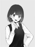  1girl absurdres arima_kana black_hair black_sweater_vest blush bob_cut grey_background greyscale happy highres inverted_bob light_blush looking_at_viewer monochrome open_mouth oshi_no_ko shirt short_hair simple_background smile solo sweater_vest upper_body v watchmen-001 white_shirt 