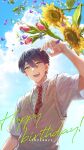  1boy brown_sweater_vest collared_shirt dated flower green_eyes happy_birthday highres kenmochi_touya male_focus necktie nijisanji open_mouth purple_hair red_flower red_necktie shirt short_sleeves sky smallhouse_live smile solo sunflower sweater_vest tulip virtual_youtuber white_shirt 