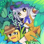  1boy 1girl animal animal_ears blunt_bangs brown_headwear closed_mouth grey_hair hat highres jungle leaf leaf_on_head looking_at_viewer mode_aim mzh nature open_mouth orange_overalls overalls peanuts-kun ponpoko_(vtuber) raccoon_ears raccoon_girl shirt short_hair short_sleeves snake sweat virtual_youtuber wavy_mouth white_shirt yellow_eyes 