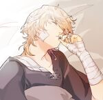  1boy bandage_on_face bandaged_arm bandaged_chest bandaged_head bandages bed_sheet black_shirt blonde_hair closed_eyes final_fantasy final_fantasy_xvi hair_between_eyes highres joshua_rosfield kiss male_focus medium_hair messy_hair nuoi407 shirt solo under_covers upper_body 