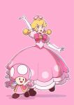  2girls artist_name blonde_hair bow brown_footwear dress elbow_gloves full_body gloves multiple_girls open_mouth peachette pink_background pink_bow pink_dress pink_vest saiwo_(saiwoproject) simple_background super_mario_bros. toadette vest white_gloves 