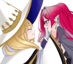  2girls baobhan_sith_(fate) baobhan_sith_(swimsuit_pretender)_(fate) blonde_hair book braid closed_eyes ear_piercing fang fate/grand_order fate_(series) grey_eyes hair_intakes hat highres kawairuka_ko long_hair multiple_girls piercing pink_hair pointy_ears smile tonelico_(fate) white_background witch_hat 