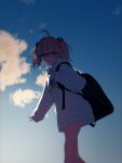  +_+ 1girl 3d ahoge artist_request backlighting backpack bag bare_legs black_bag blender_(medium) blonde_hair blue_sky bright_pupils closed_mouth clothes_writing clouds day drawstring flower glasses hair_flower hair_ornament hand_up highres hood hoodie light_smile long_sleeves looking_at_viewer medium_hair multicolored_eyes multicolored_hair no_pants orange_hair outdoors outstretched_arm pink_eyes print_hoodie rinne_(rinrinne) rinrinne semi-rimless_eyewear sky sleeves_past_wrists solo split_mouth standing streaked_hair violet_eyes virtual_youtuber white_hoodie white_pupils wide_sleeves 