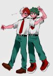  2boys :o absurdres alternate_skin_color anna_(aannnaa3) arm_up belt belt_buckle black_belt blue_eyes blush_stickers boku_no_hero_academia bright_pupils brown_footwear buckle burn_scar closed_mouth collared_shirt colored_skin commentary cross-laced_footwear eyebrows_hidden_by_hair fingernails freckles from_side full_body green_eyes green_hair green_pants grey_background grey_eyes hands_up heterochromia highres leg_up looking_at_viewer looking_to_the_side male_focus midoriya_izuku multicolored_hair multiple_boys necktie open_mouth outstretched_arms pants pink_nails pink_skin red_footwear red_necktie redhead scar scar_on_face school_uniform shirt shoes short_eyebrows short_hair short_sleeves sideways_glance simple_background sneakers sound_effects split-color_hair spread_arms summer_uniform teeth todoroki_shouto two-tone_hair u.a._school_uniform upper_teeth_only v walking white_hair white_pupils white_shirt wing_collar 