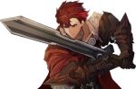  1boy armor black_gloves cape closed_mouth diamant_(fire_emblem) fire_emblem fire_emblem_engage fur_trim furrowed_brow gloves highres holding holding_sword holding_weapon male_focus novembertimex red_eyes redhead short_hair shoulder_armor solo sword weapon white_background 