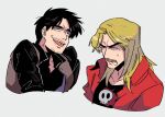  2boys black_hair black_shirt blonde_hair brown_vest commentary_request funai grey_background highres inudori jacket kaiji kitami_(kaiji) long_hair male_focus medium_bangs multiple_boys open_clothes open_jacket open_mouth parted_bangs popped_collar red_jacket shirt short_hair simple_background skull_print smile teeth tongue tongue_out upper_body upper_teeth_only v-shaped_eyebrows vest 